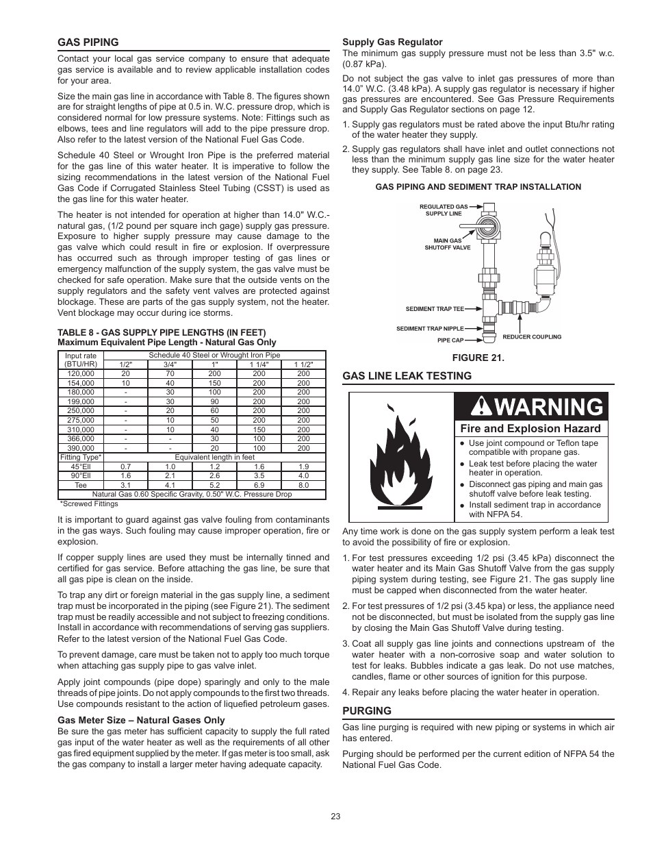 Gas piping, Gas line leak testing, Purging | Gas piping gas line leak testing purging, Fire and explosion hazard | American Water Heater BCL3 85T390 6NOX User Manual | Page 23 / 52