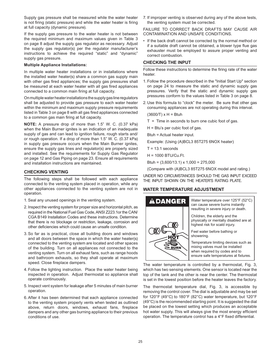 Checking venting, Checking the input, Water temperature adjustment | American Water Heater BCL3 85T390 6NOX User Manual | Page 25 / 52