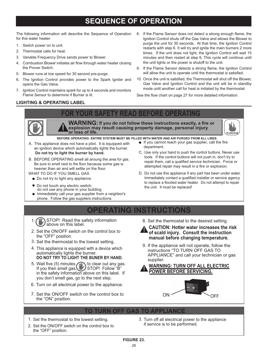 Sequence of operation, Lighting & operating label | American Water Heater BCL3 85T390 6NOX User Manual | Page 26 / 52