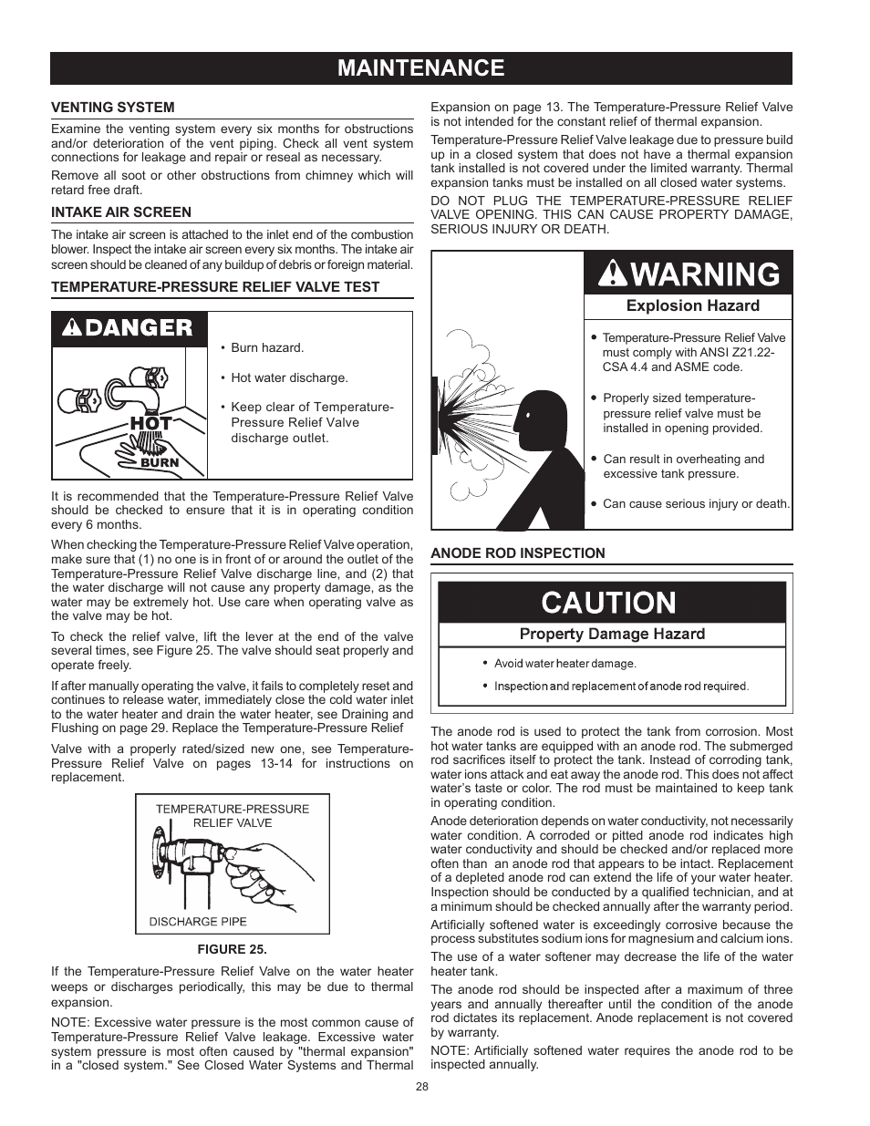 Maintenance, Venting system, Intake air screen | Temperature-pressure relief valve test, Anode rod inspection | American Water Heater BCL3 85T390 6NOX User Manual | Page 28 / 52