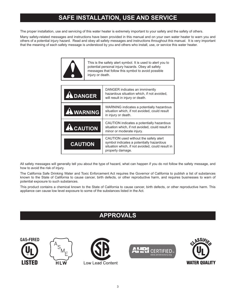 Safe installation, use and service, Approvals, Safe installation, use and service approvals | Danger warning caution caution | American Water Heater BCL3 85T390 6NOX User Manual | Page 3 / 52