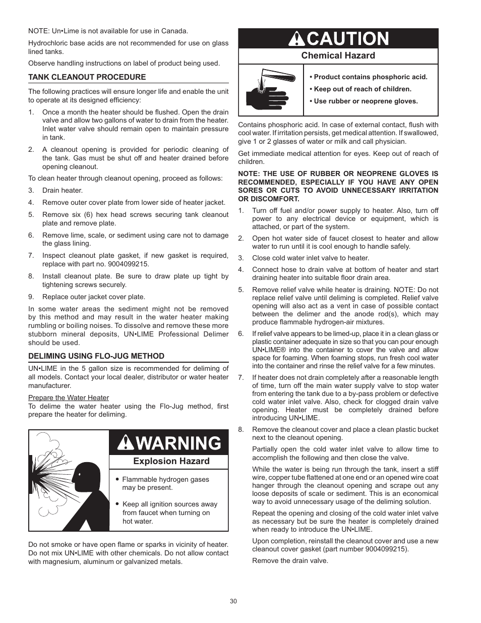 Tank cleanout procedure, Deliming using flo-jug method, Chemical hazard | Explosion hazard | American Water Heater BCL3 85T390 6NOX User Manual | Page 30 / 52