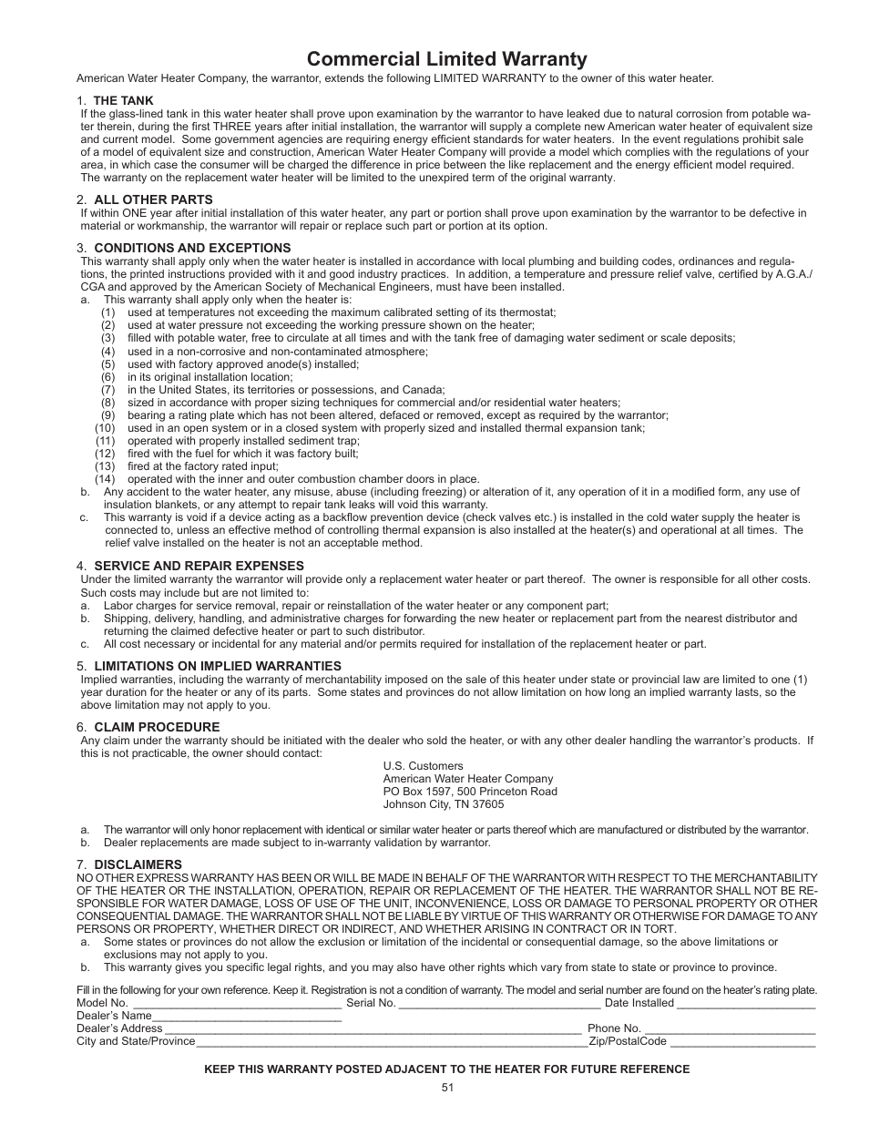 Limited warranty, Commercial limited warranty | American Water Heater BCL3 85T390 6NOX User Manual | Page 51 / 52