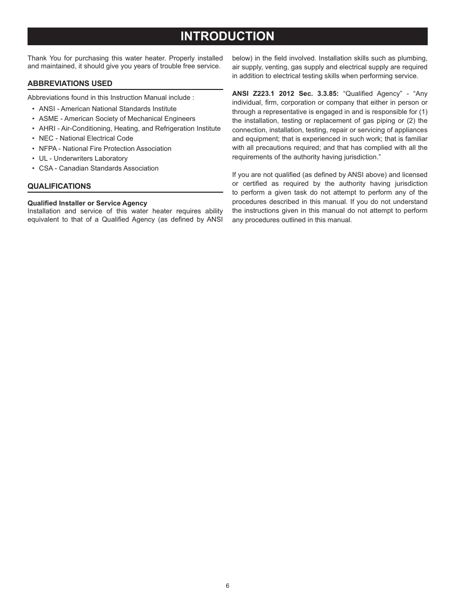 Introduction, Abbreviations used, Qualifications | Abbreviations used qualifications | American Water Heater BCL3 85T390 6NOX User Manual | Page 6 / 52