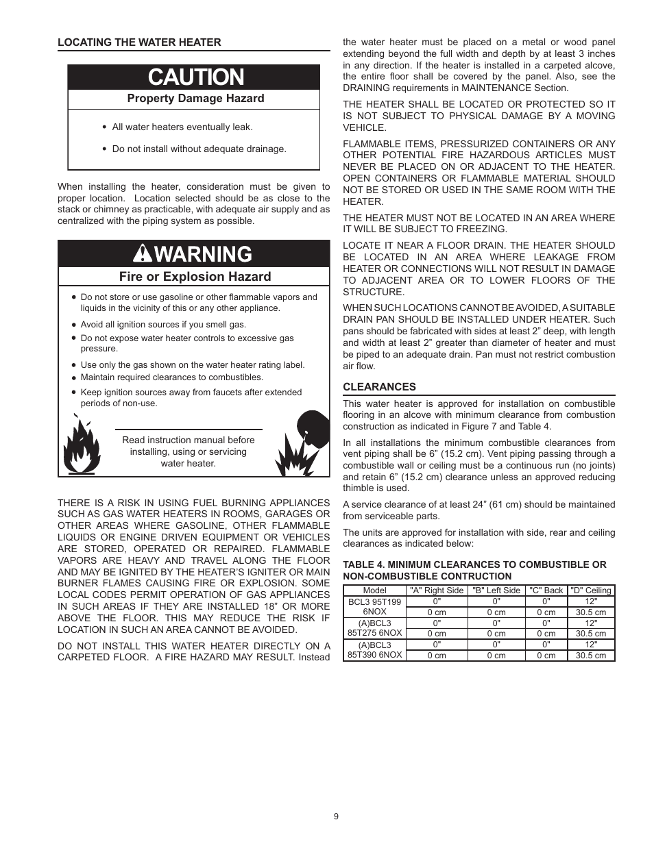 Locating the water heater, Clearances, Locating the water heater clearances | Caution, Fire or explosion hazard | American Water Heater BCL3 85T390 6NOX User Manual | Page 9 / 52