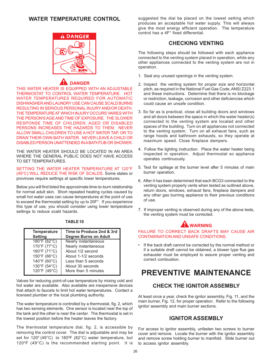 Preventive maintenance, Water temperature control, Checking venting | Check the ignitor assembly, Ignitor assembly | American Water Heater ABCG3 User Manual | Page 26 / 36