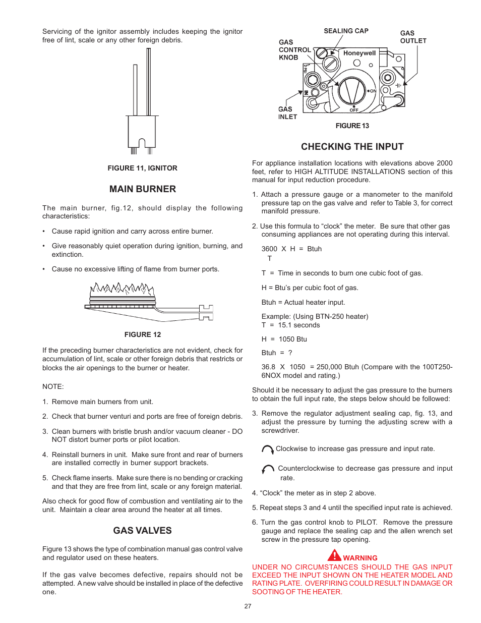 Main burner, Gas valves, Checking the input | American Water Heater ABCG3 User Manual | Page 27 / 36