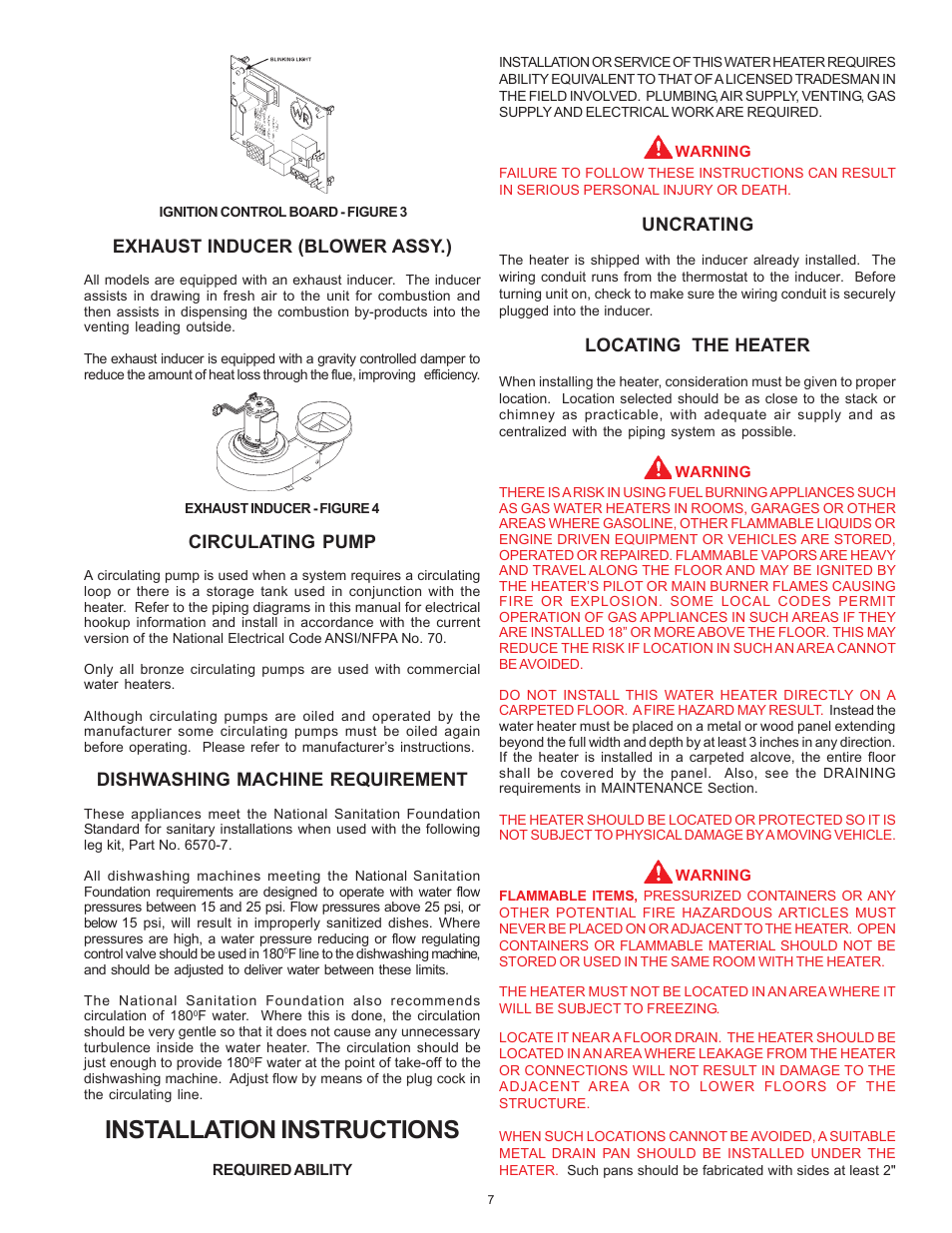 Installation instructions, Exhaust inducer (blower assy.), Circulating pump | Dishwashing machine requirement, Uncrating, Locating the heater | American Water Heater ABCG3 User Manual | Page 7 / 36