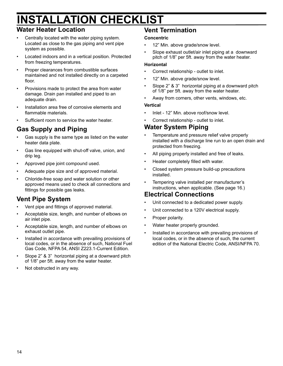 Installation checklist, Water heater location, Gas supply and piping | Vent pipe system, Vent termination, Water system piping, Electrical connections | American Water Heater Power Flex 40-42K BTU User Manual | Page 14 / 24