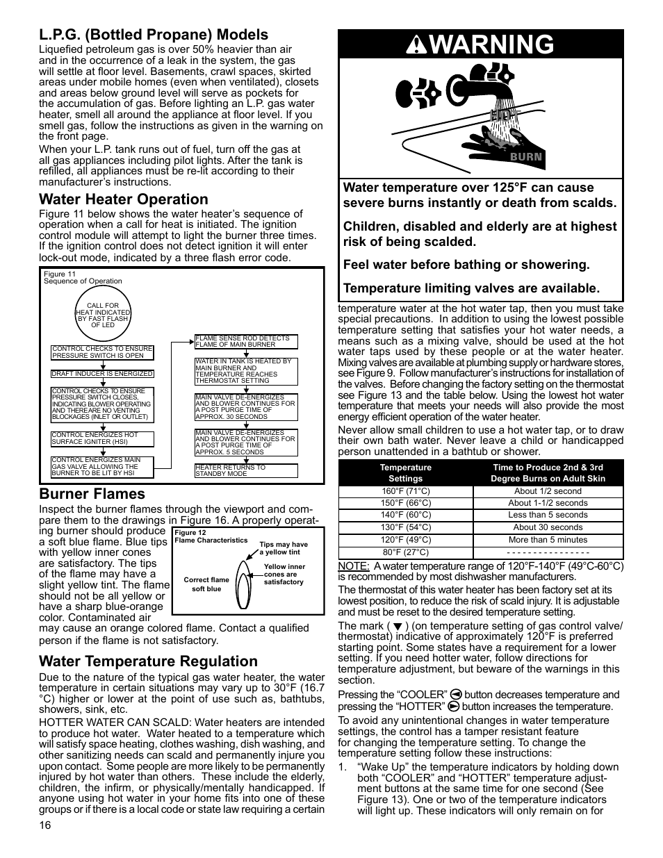 Warning, L.p.g. (bottled propane) models, Water heater operation | Burner flames, Water temperature regulation | American Water Heater Power Flex 40-42K BTU User Manual | Page 16 / 24