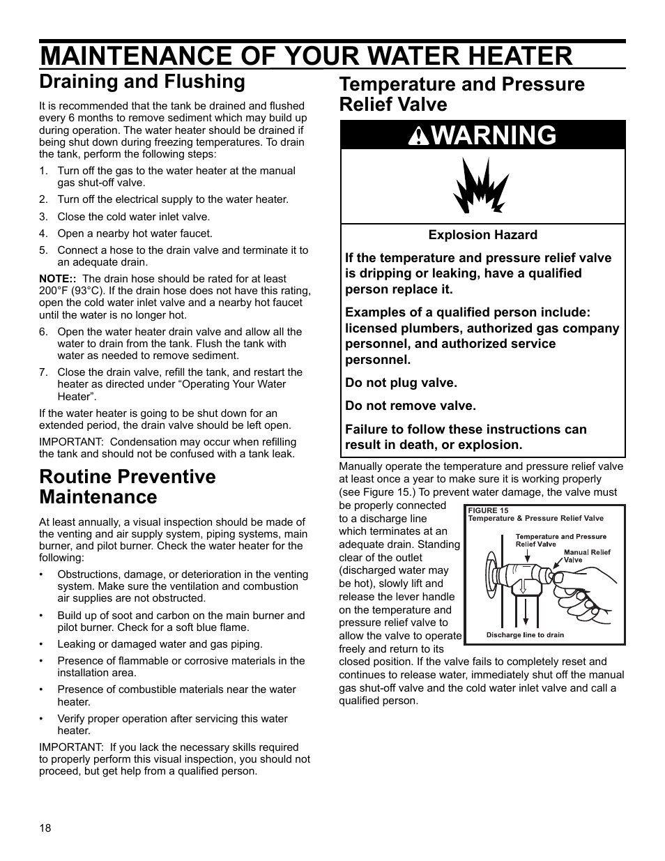 Maintenance of your water heater, Warning, Draining and flushing | Routine preventive maintenance, Temperature and pressure relief valve | American Water Heater Power Flex 40-42K BTU User Manual | Page 18 / 24