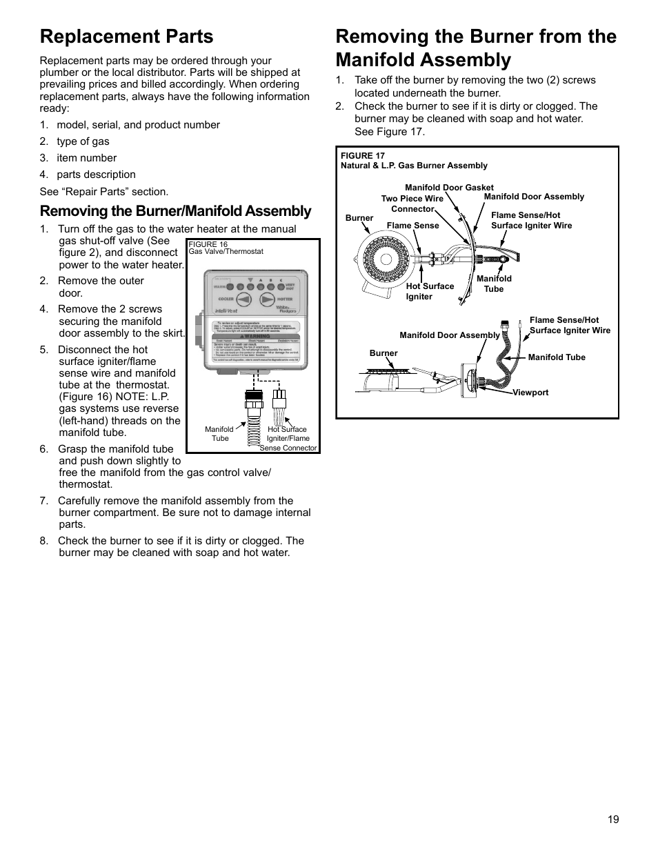 Replacement parts, Removing the burner from the manifold assembly, Removing the burner/manifold assembly | American Water Heater Power Flex 40-42K BTU User Manual | Page 19 / 24