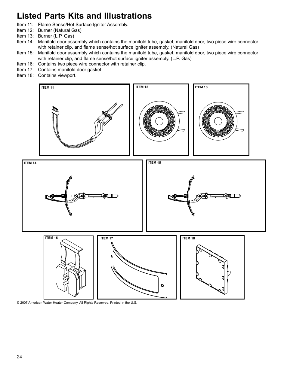 Listed parts kits and illustrations | American Water Heater Power Flex 40-42K BTU User Manual | Page 24 / 24