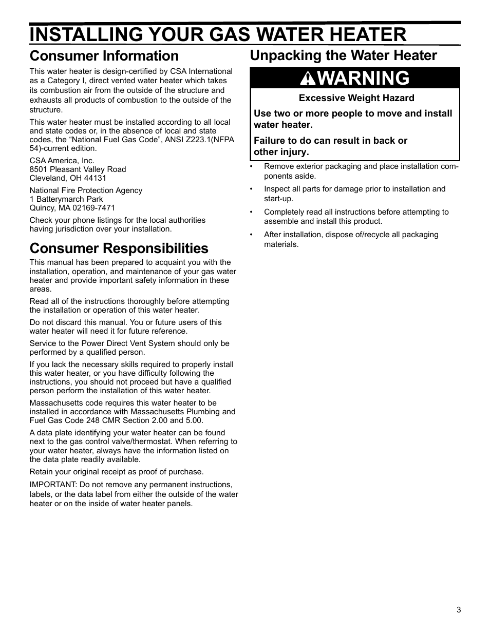 Installing your gas water heater, Warning, Consumer information | Consumer responsibilities, Unpacking the water heater | American Water Heater Power Flex 40-42K BTU User Manual | Page 3 / 24