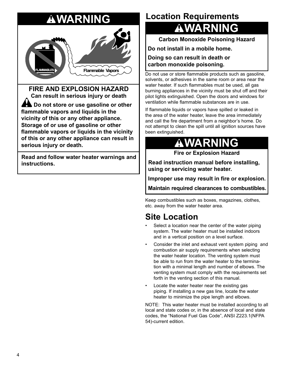 Warning, Location requirements, Site location | American Water Heater Power Flex 40-42K BTU User Manual | Page 4 / 24