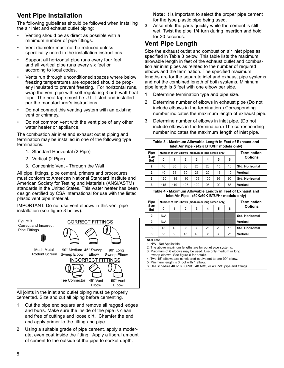Vent pipe installation, Vent pipe length | American Water Heater Power Flex 40-42K BTU User Manual | Page 8 / 24
