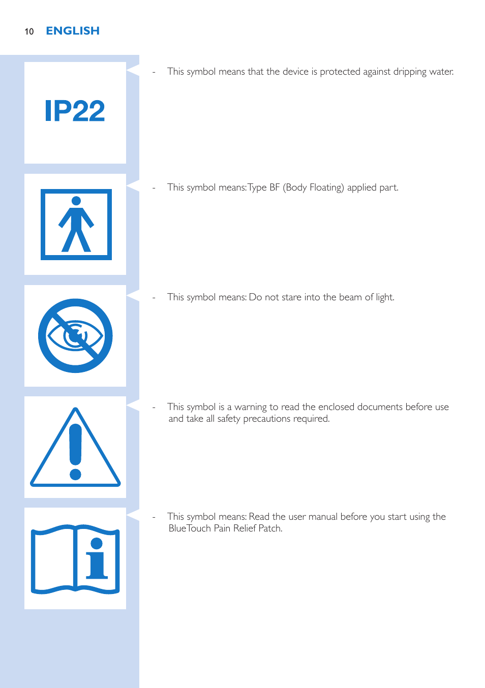 Philips BlueTouch-Schmerztherapiegerät User Manual | Page 10 / 90