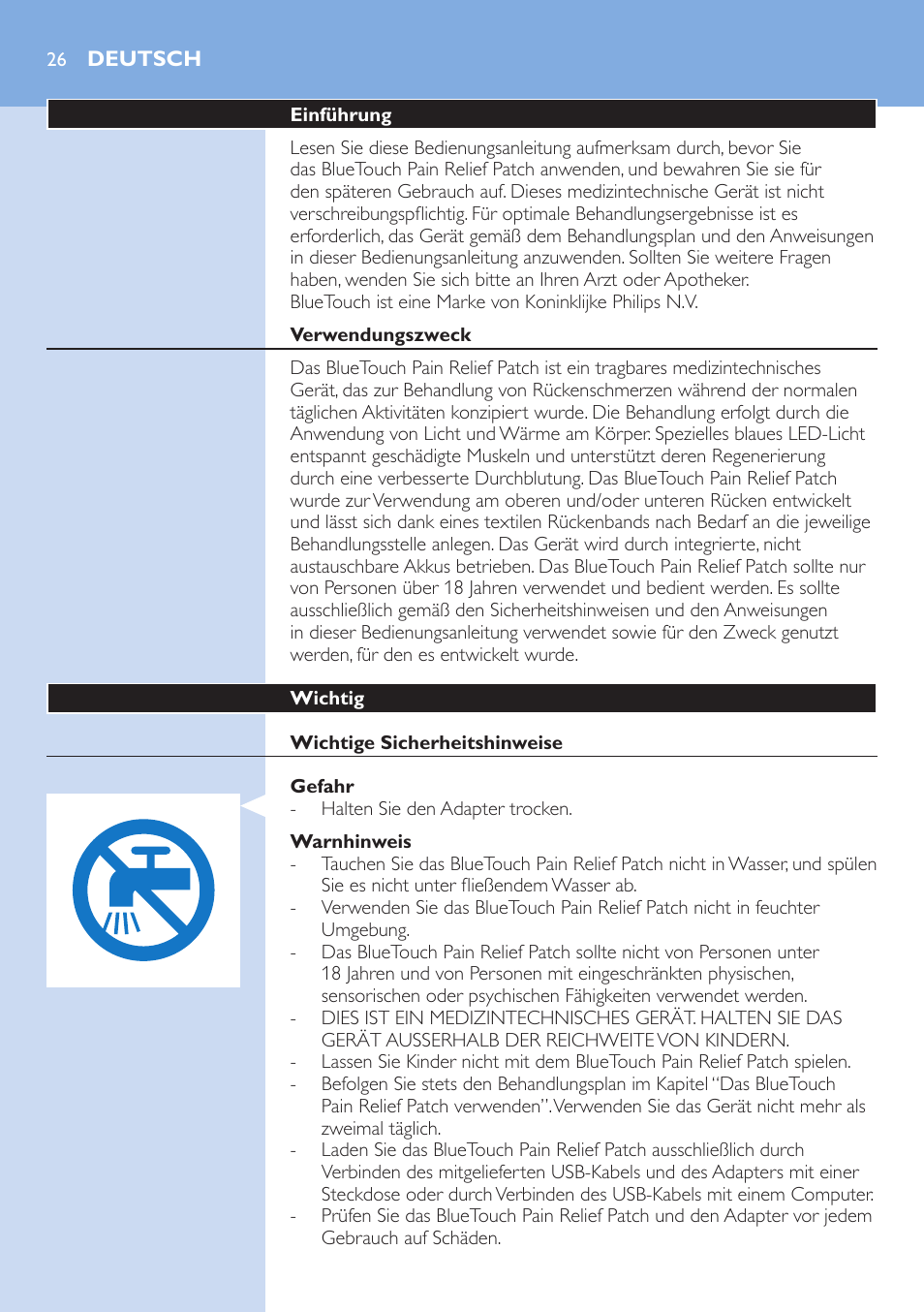 Deutsch, Deutsch 26 | Philips BlueTouch-Schmerztherapiegerät User Manual | Page 26 / 90