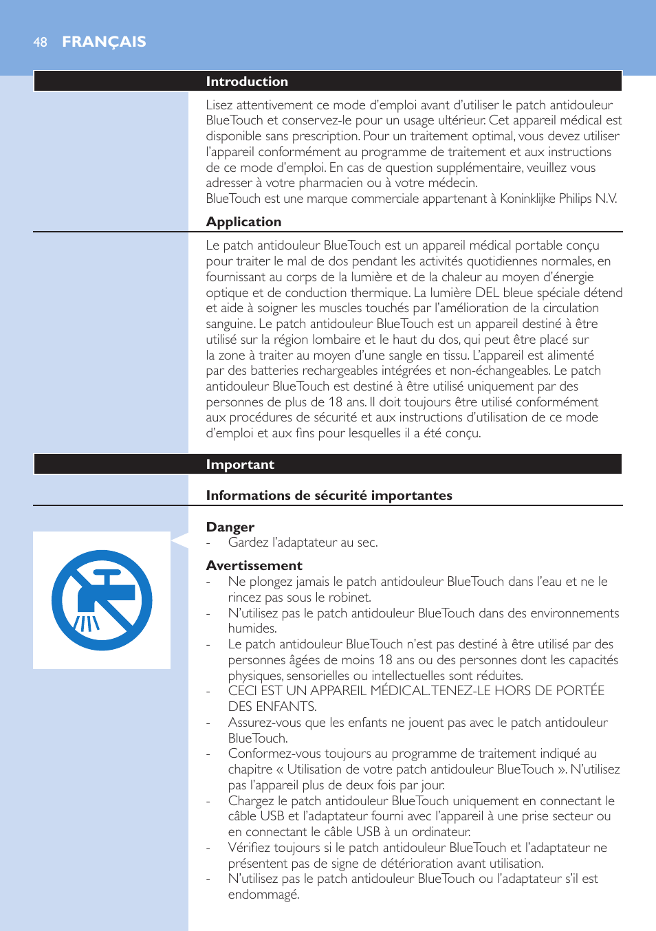 Français, Français 48 | Philips BlueTouch-Schmerztherapiegerät User Manual | Page 48 / 90