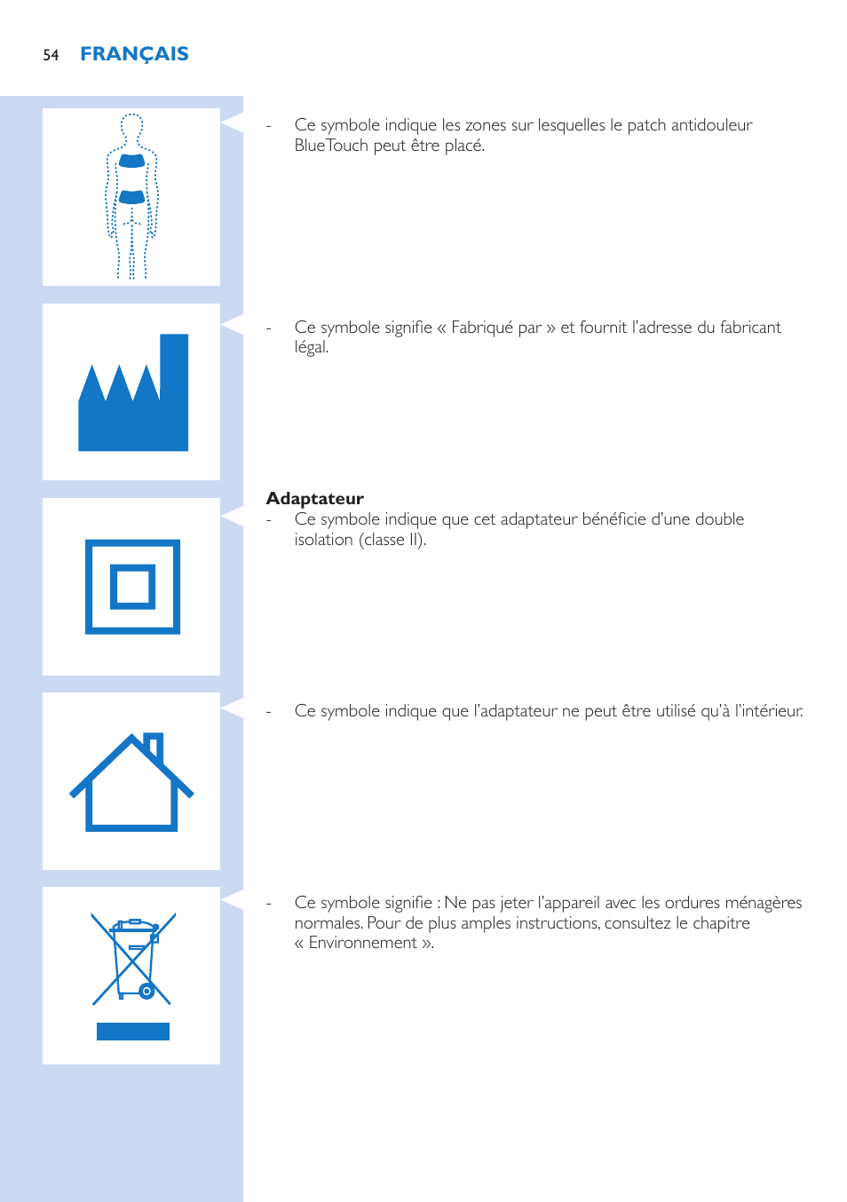 Philips BlueTouch-Schmerztherapiegerät User Manual | Page 54 / 90