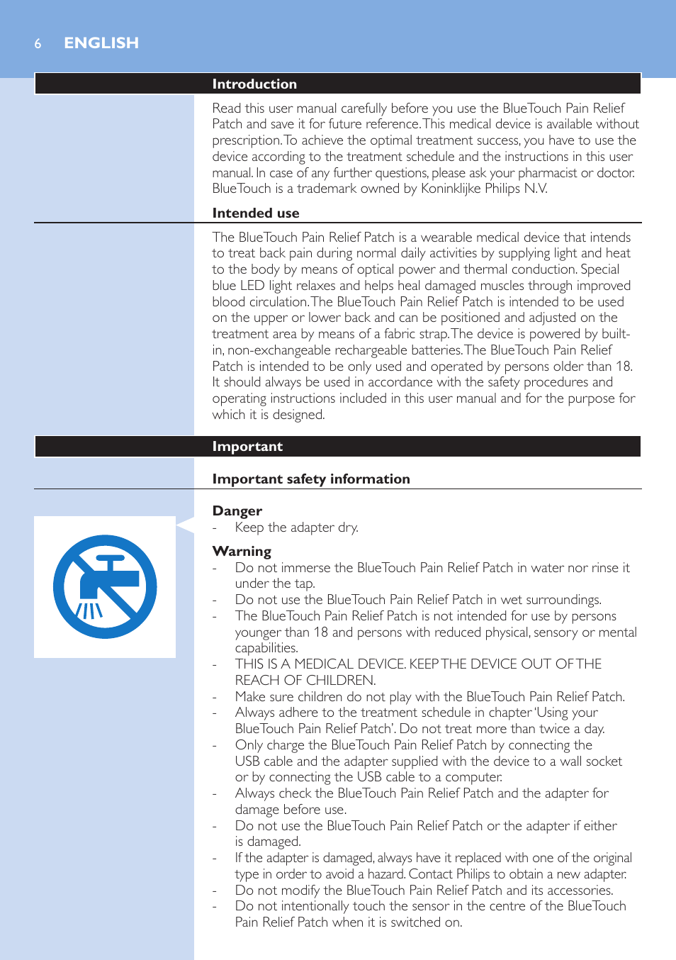 English | Philips BlueTouch-Schmerztherapiegerät User Manual | Page 6 / 90