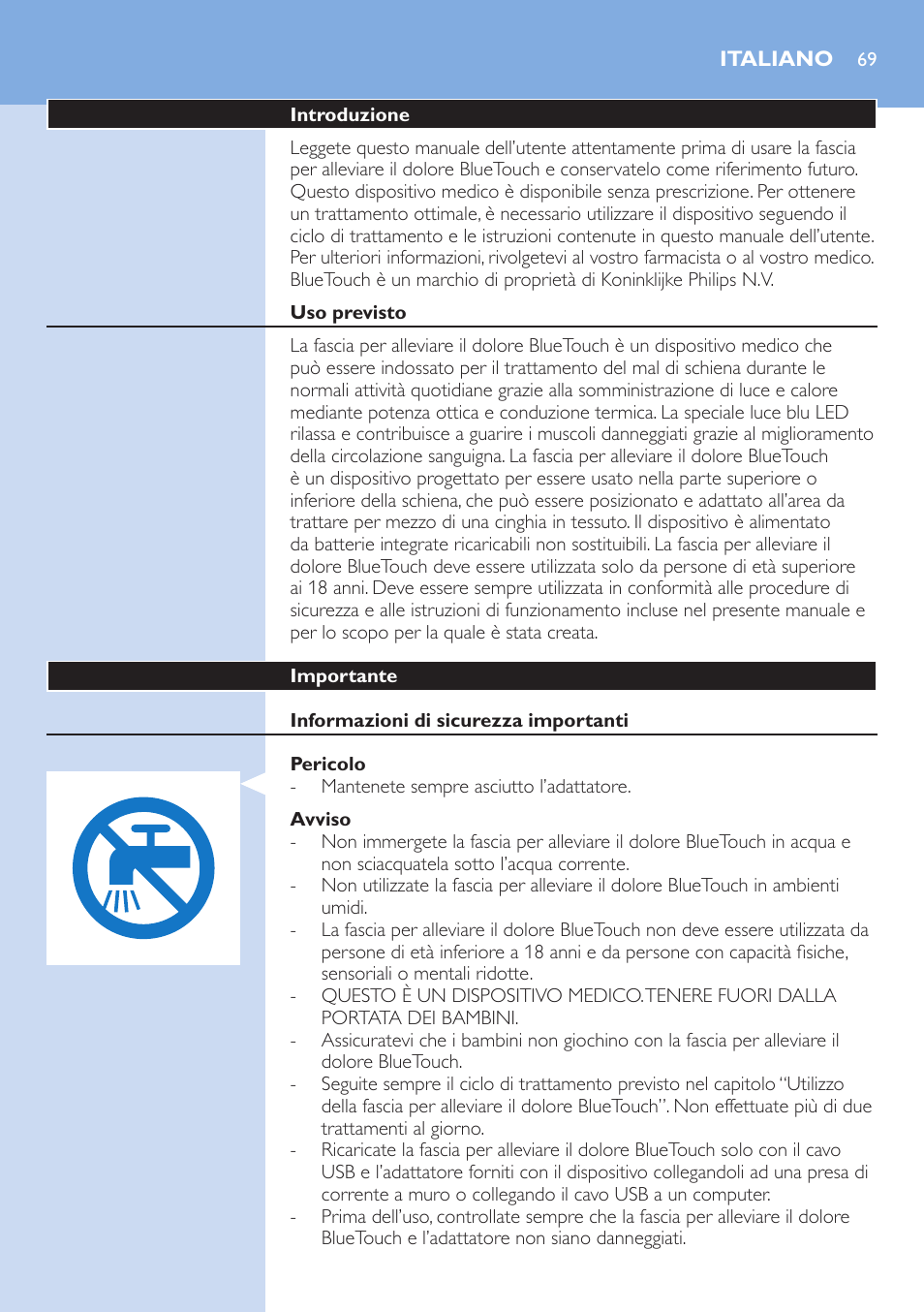 Italiano | Philips BlueTouch-Schmerztherapiegerät User Manual | Page 69 / 90