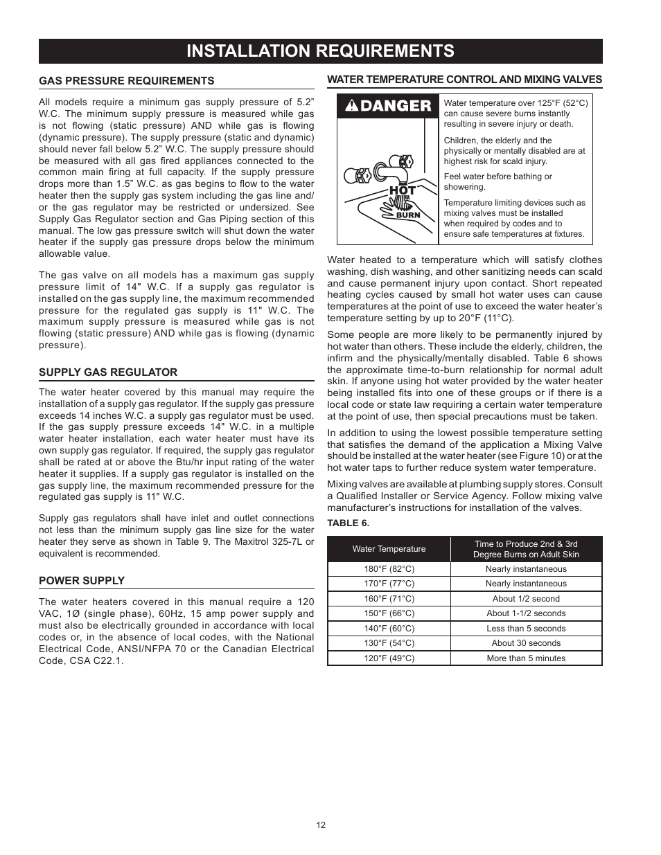 Installation requirements | American Water Heater BCG3 User Manual | Page 12 / 56