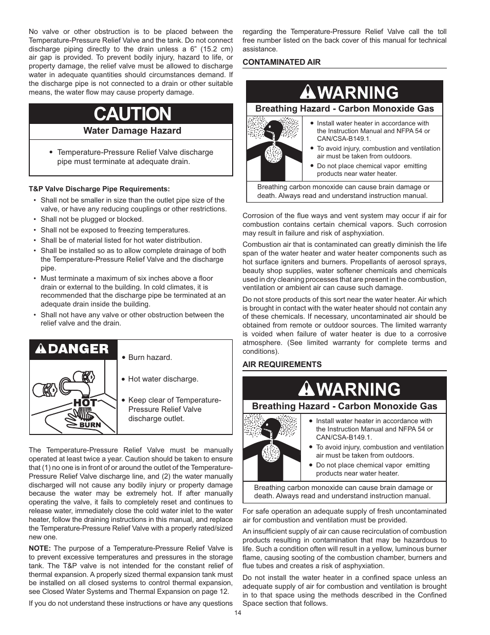 Caution, Water damage hazard, Breathing hazard - carbon monoxide gas | American Water Heater BCG3 User Manual | Page 14 / 56