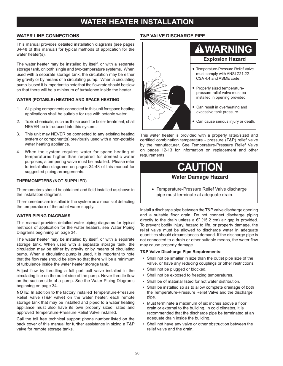 Caution, Water heater installation, Water damage hazard | American Water Heater BCG3 User Manual | Page 20 / 56