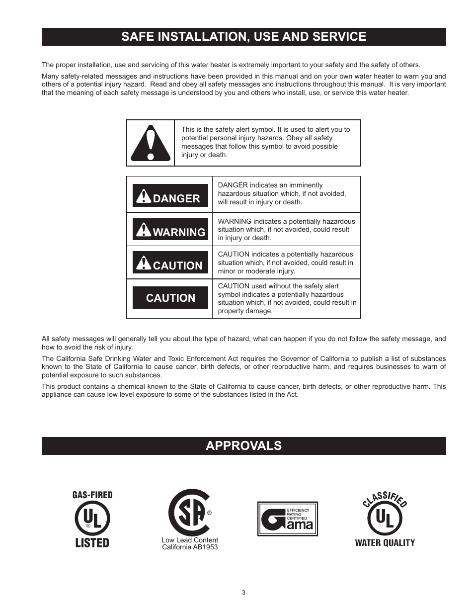 Safe installation, use and service, Approvals, Danger warning caution caution | American Water Heater BCG3 User Manual | Page 3 / 56