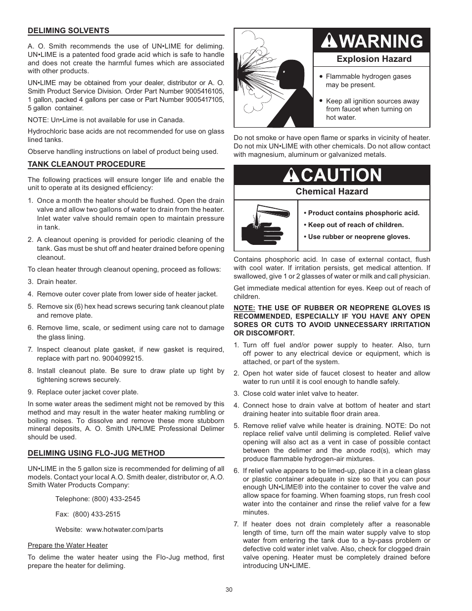 Explosion hazard, Chemical hazard | American Water Heater BCG3 User Manual | Page 30 / 56