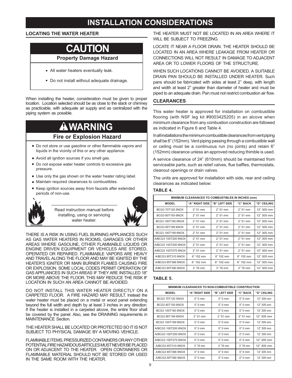 Caution, Installation considerations, Fire or explosion hazard | Property damage hazard, Clearances, Locating the water heater | American Water Heater BCG3 User Manual | Page 9 / 56