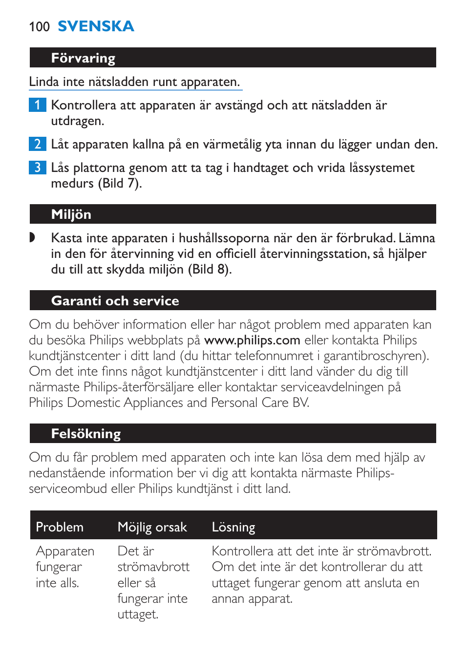 Förvaring, Miljön, Garanti och service | Felsökning | Philips SalonStraight Freestyle Multi-Styler User Manual | Page 100 / 112