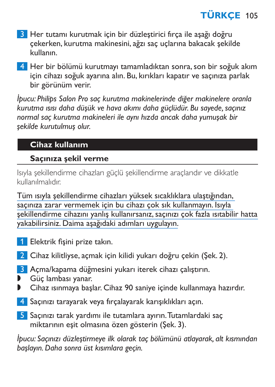 Cihaz kullanım, Saçınıza şekil verme | Philips SalonStraight Freestyle Multi-Styler User Manual | Page 105 / 112
