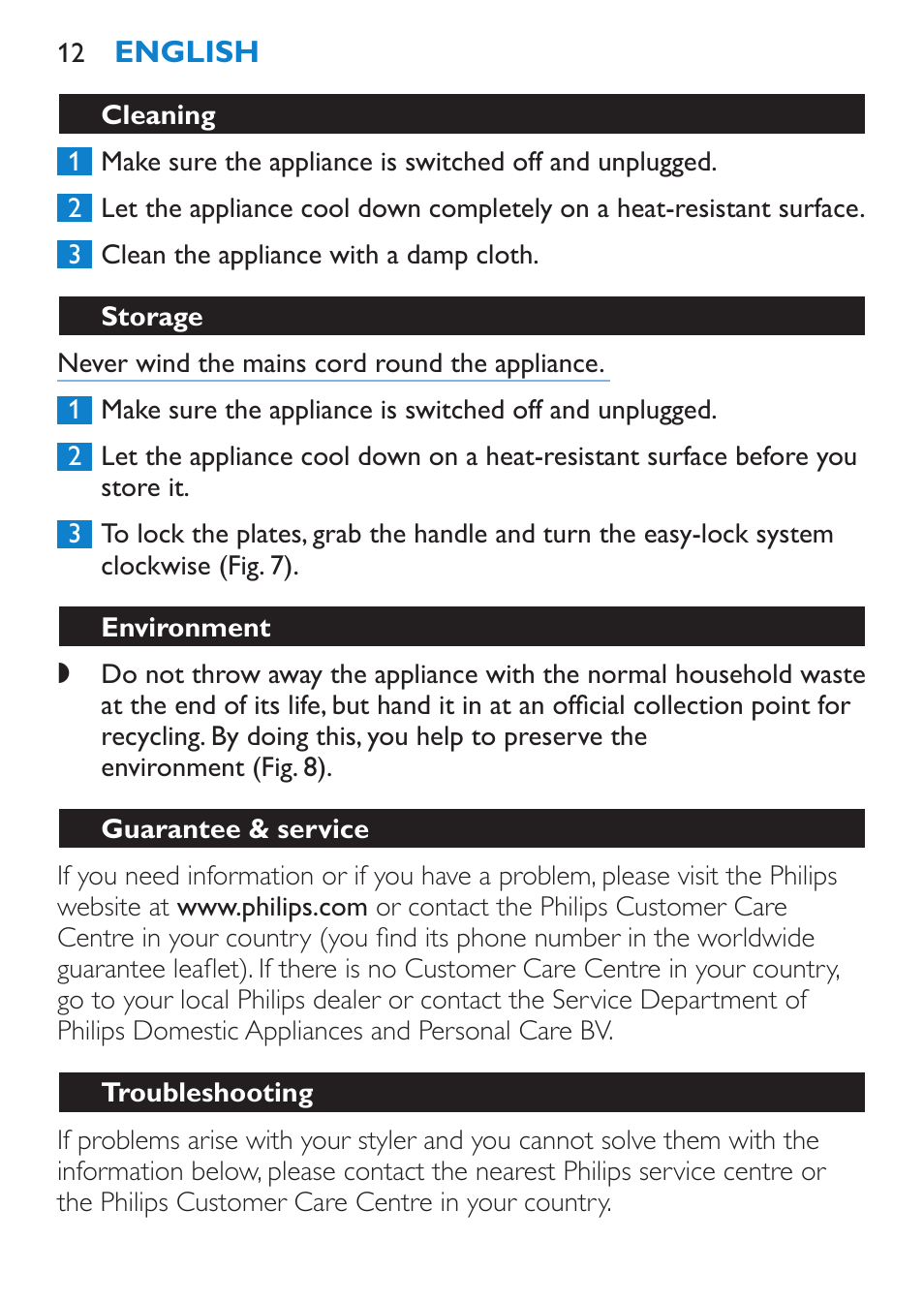 Cleaning, Storage, Environment | Guarantee & service, Troubleshooting | Philips SalonStraight Freestyle Multi-Styler User Manual | Page 12 / 112