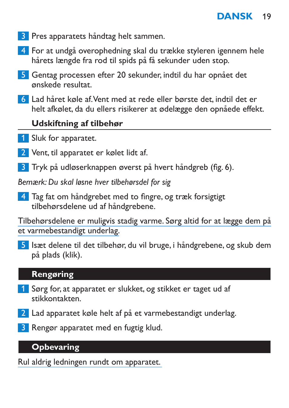 Udskiftning af tilbehør, Rengøring | Philips SalonStraight Freestyle Multi-Styler User Manual | Page 19 / 112