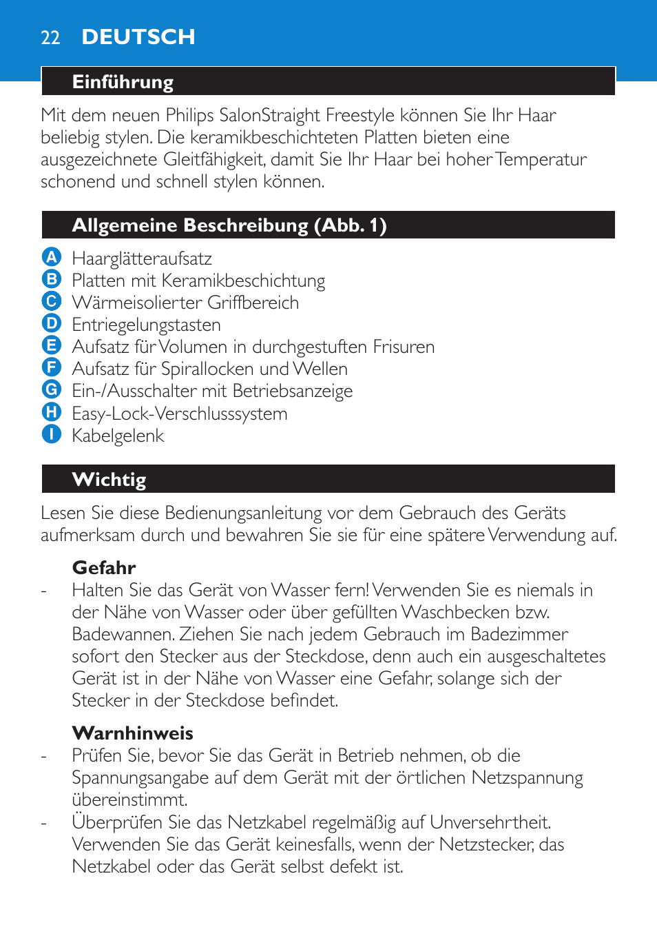 Gefahr, Warnhinweis, Deutsch | Einführung, Allgemeine beschreibung (abb. 1), Wichtig | Philips SalonStraight Freestyle Multi-Styler User Manual | Page 22 / 112