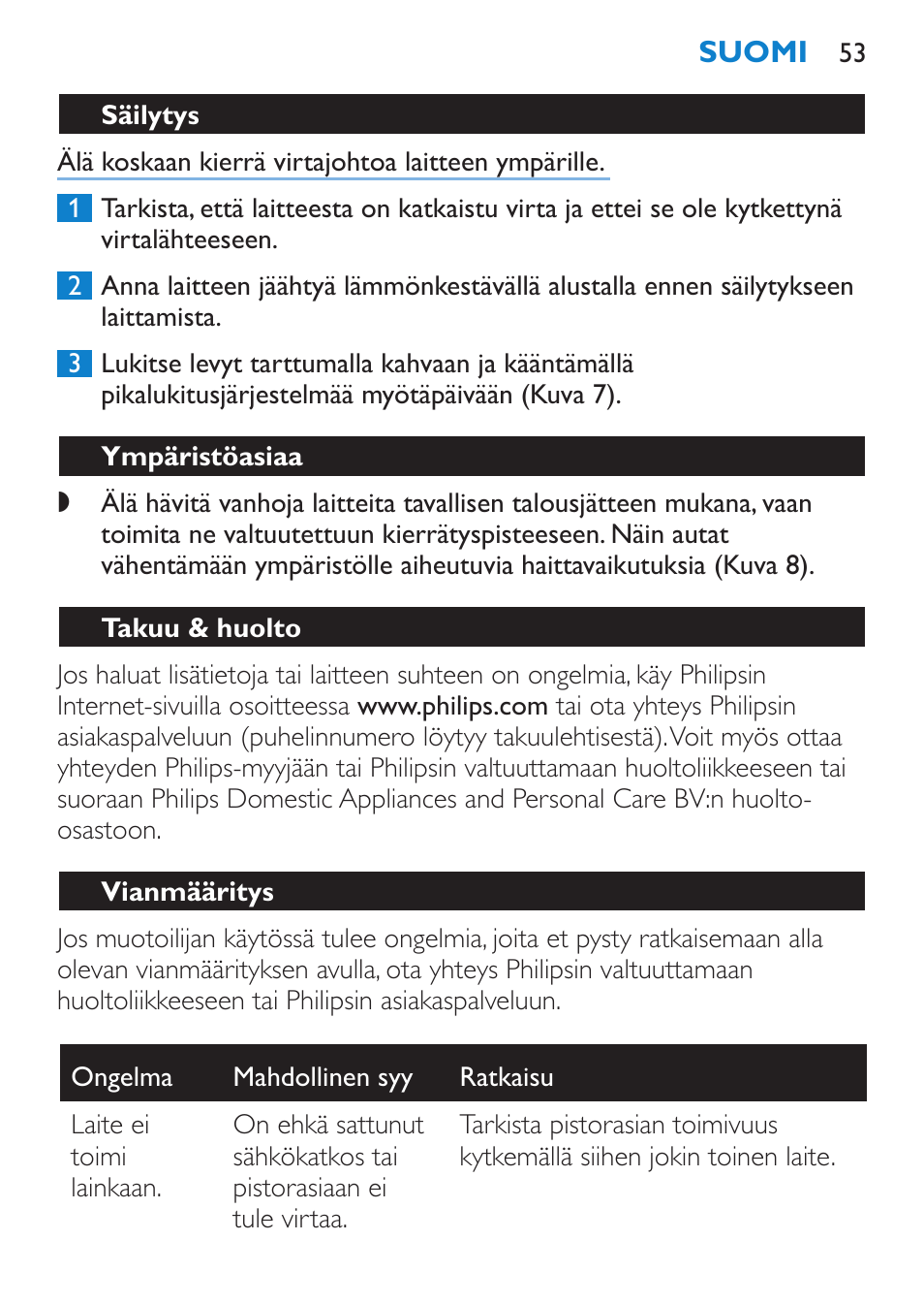 Säilytys, Ympäristöasiaa, Takuu & huolto | Vianmääritys | Philips SalonStraight Freestyle Multi-Styler User Manual | Page 53 / 112
