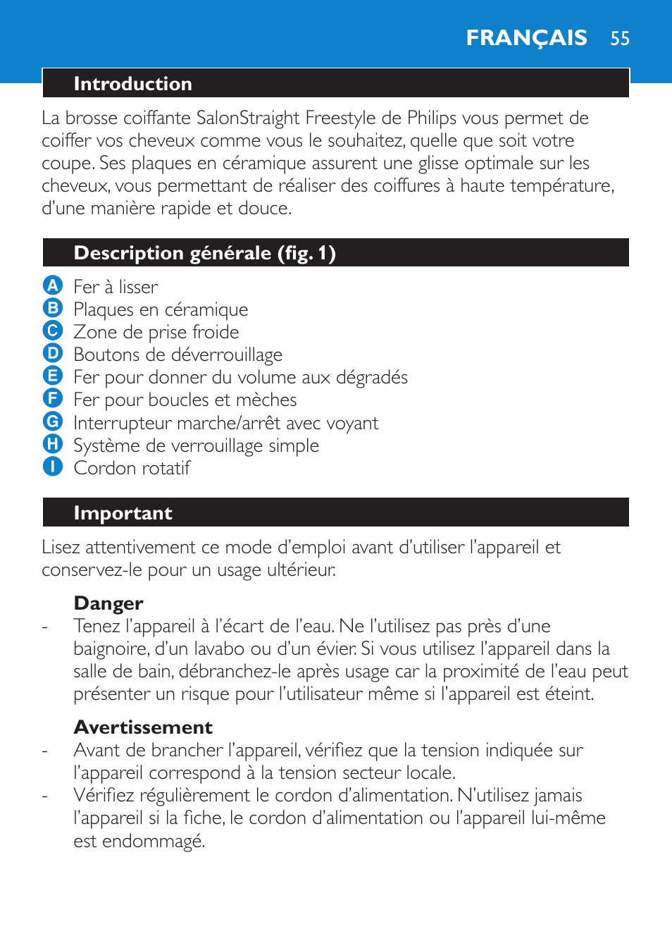 Danger, Avertissement, Français | Introduction, Description générale (fig. 1), Important | Philips SalonStraight Freestyle Multi-Styler User Manual | Page 55 / 112