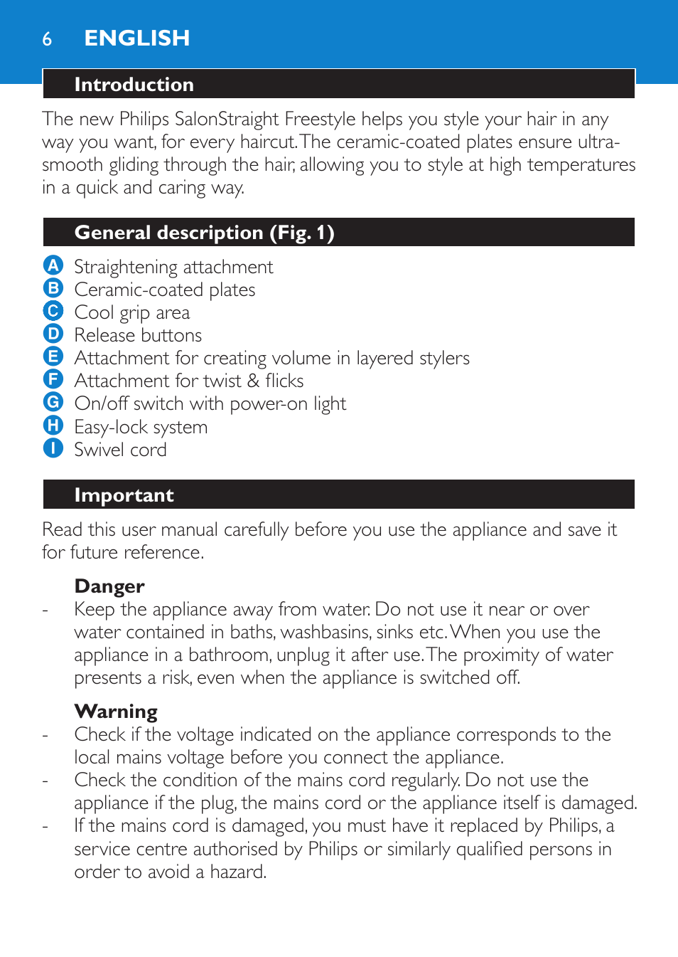English, Introduction, General description (fig. 1) | Important, Danger, Warning | Philips SalonStraight Freestyle Multi-Styler User Manual | Page 6 / 112