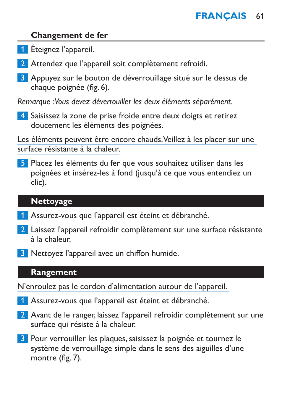 Changement de fer, Nettoyage, Rangement | Philips SalonStraight Freestyle Multi-Styler User Manual | Page 61 / 112
