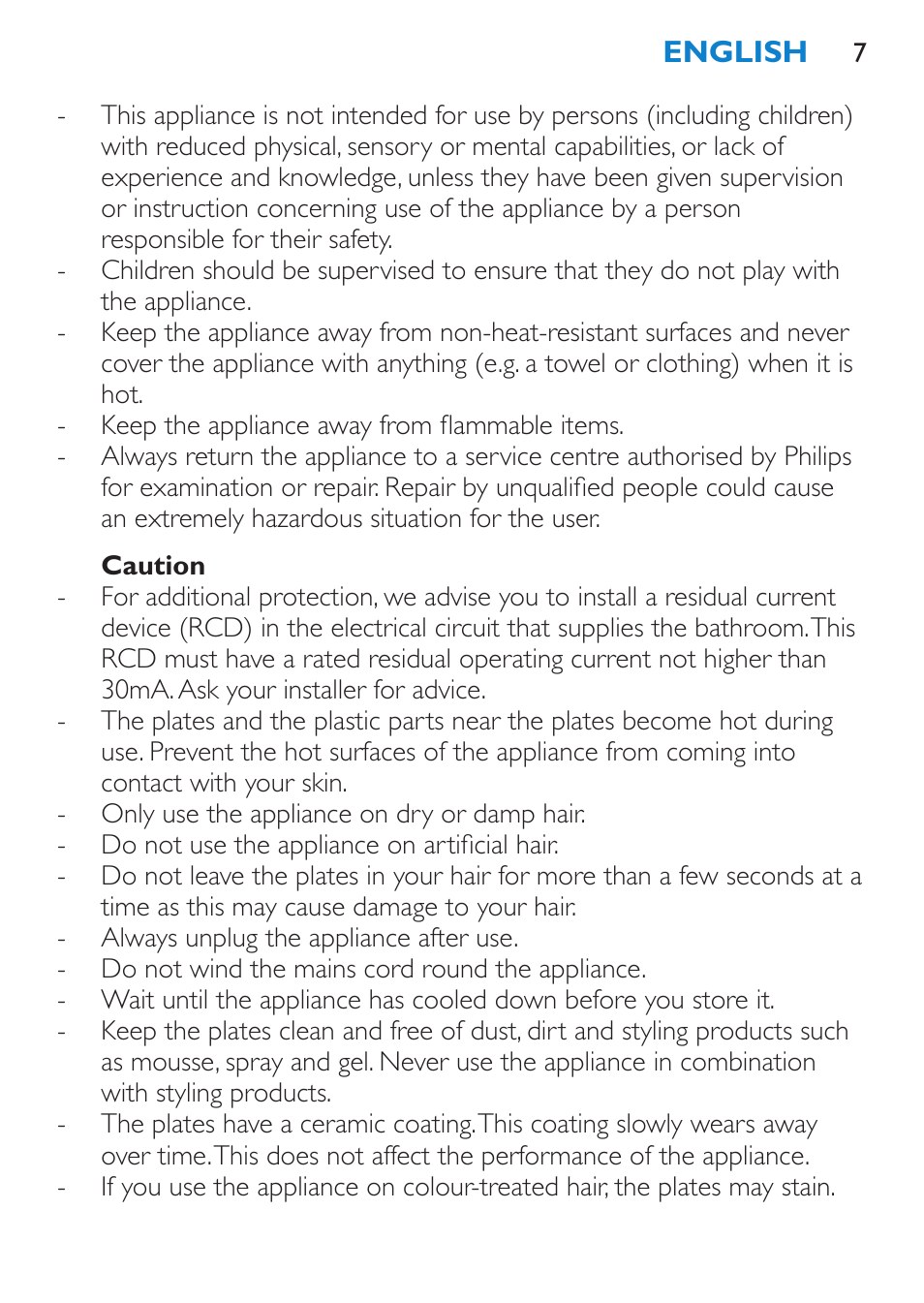 Caution | Philips SalonStraight Freestyle Multi-Styler User Manual | Page 7 / 112