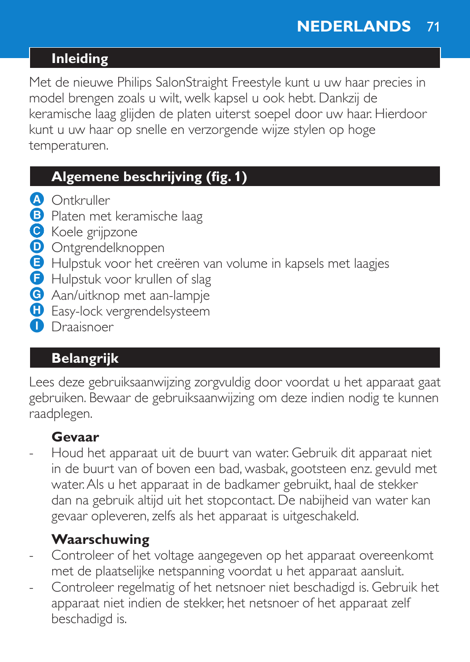 Gevaar, Waarschuwing, Nederlands | Inleiding, Algemene beschrijving (fig. 1), Belangrijk | Philips SalonStraight Freestyle Multi-Styler User Manual | Page 71 / 112