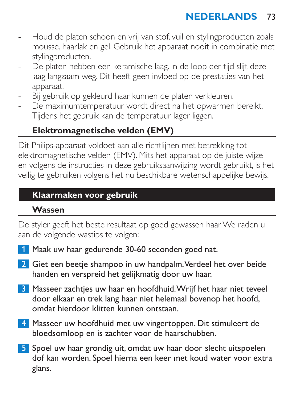 Elektromagnetische velden (emv), Klaarmaken voor gebruik, Wassen | Philips SalonStraight Freestyle Multi-Styler User Manual | Page 73 / 112