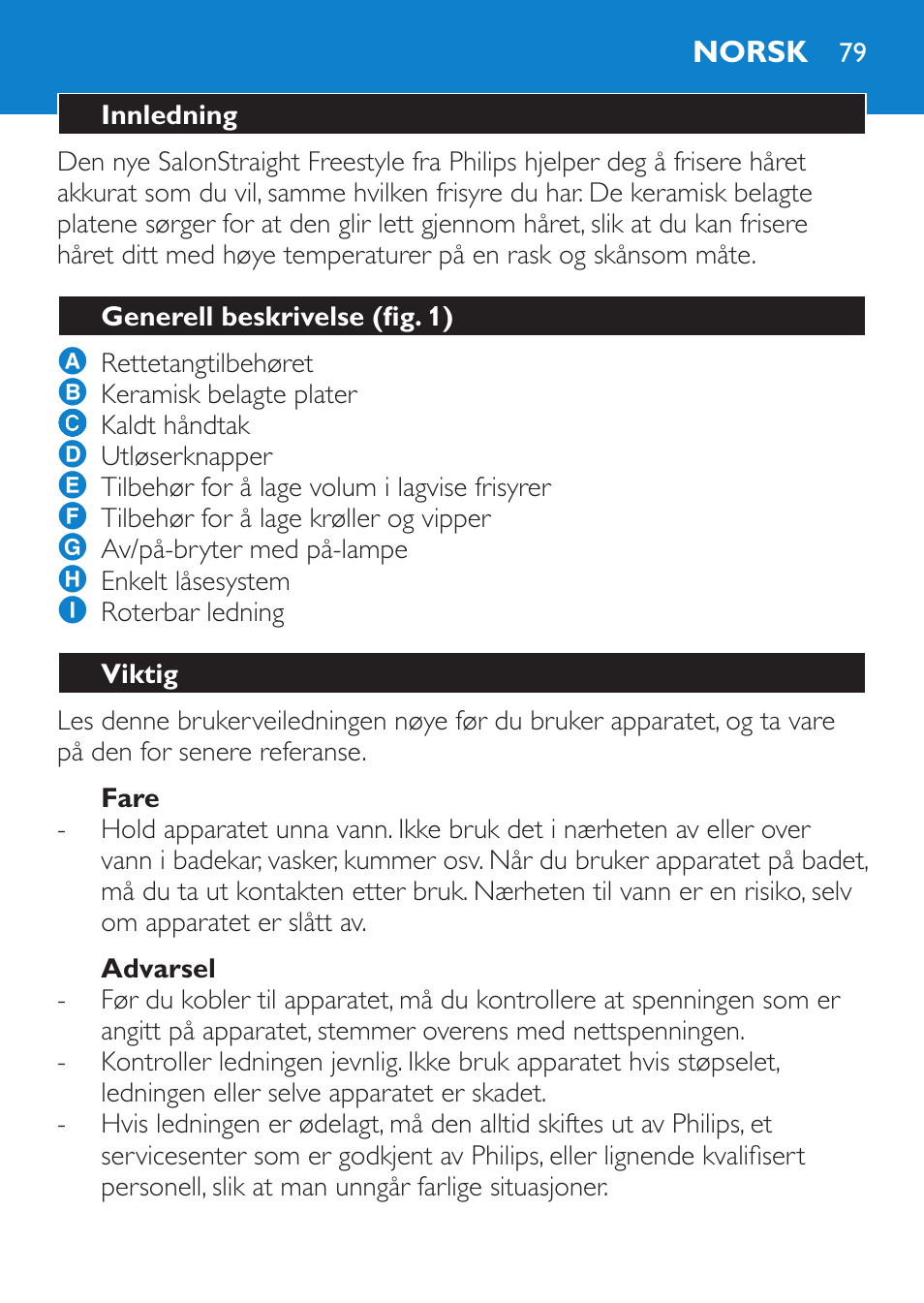 Fare, Advarsel, Norsk | Innledning, Generell beskrivelse (fig. 1), Viktig | Philips SalonStraight Freestyle Multi-Styler User Manual | Page 79 / 112