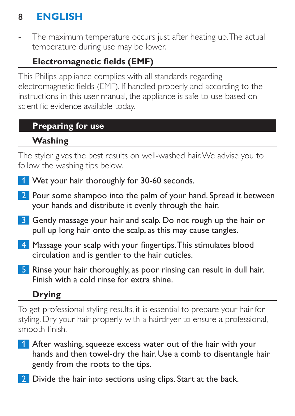 Electromagnetic fields (emf), Preparing for use, Washing | Drying | Philips SalonStraight Freestyle Multi-Styler User Manual | Page 8 / 112