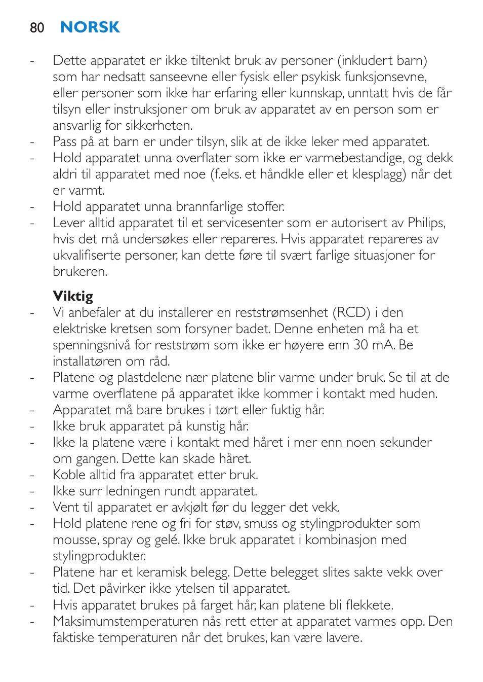 Viktig | Philips SalonStraight Freestyle Multi-Styler User Manual | Page 80 / 112