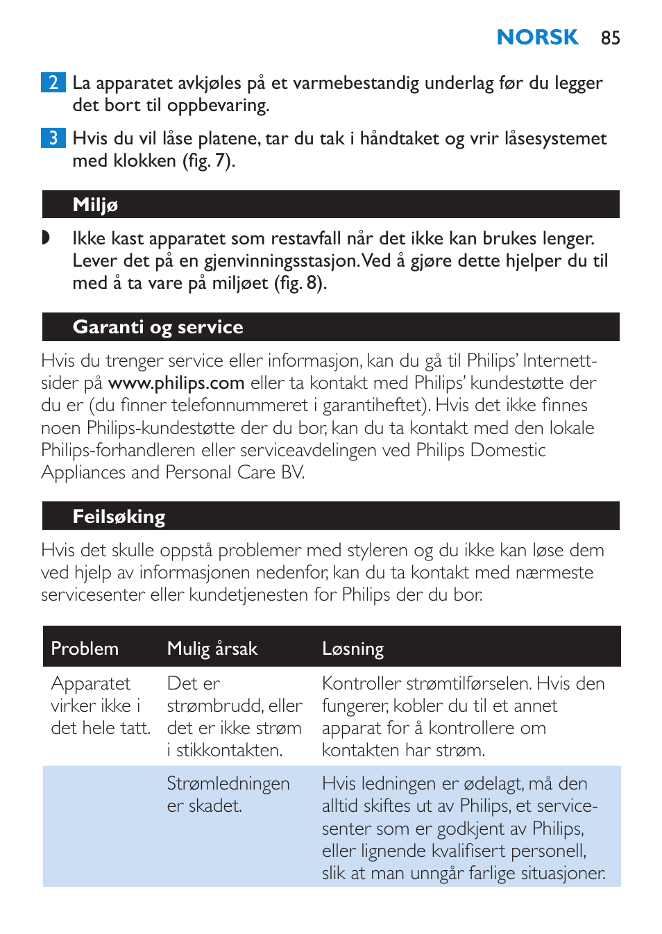 Oppbevaring, Miljø, Garanti og service | Feilsøking | Philips SalonStraight Freestyle Multi-Styler User Manual | Page 85 / 112