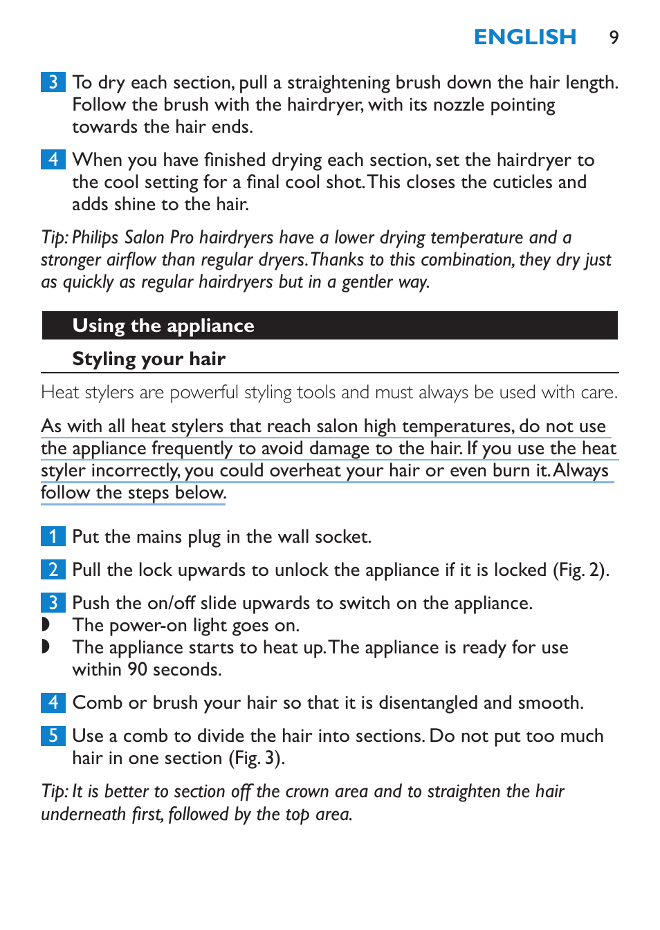 Using the appliance, Styling your hair | Philips SalonStraight Freestyle Multi-Styler User Manual | Page 9 / 112