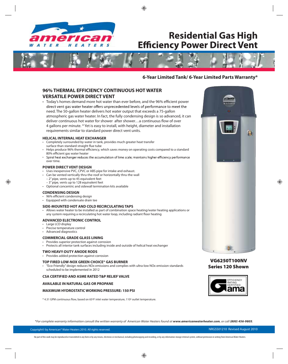 American Water Heater NRGSS01210 User Manual | 2 pages